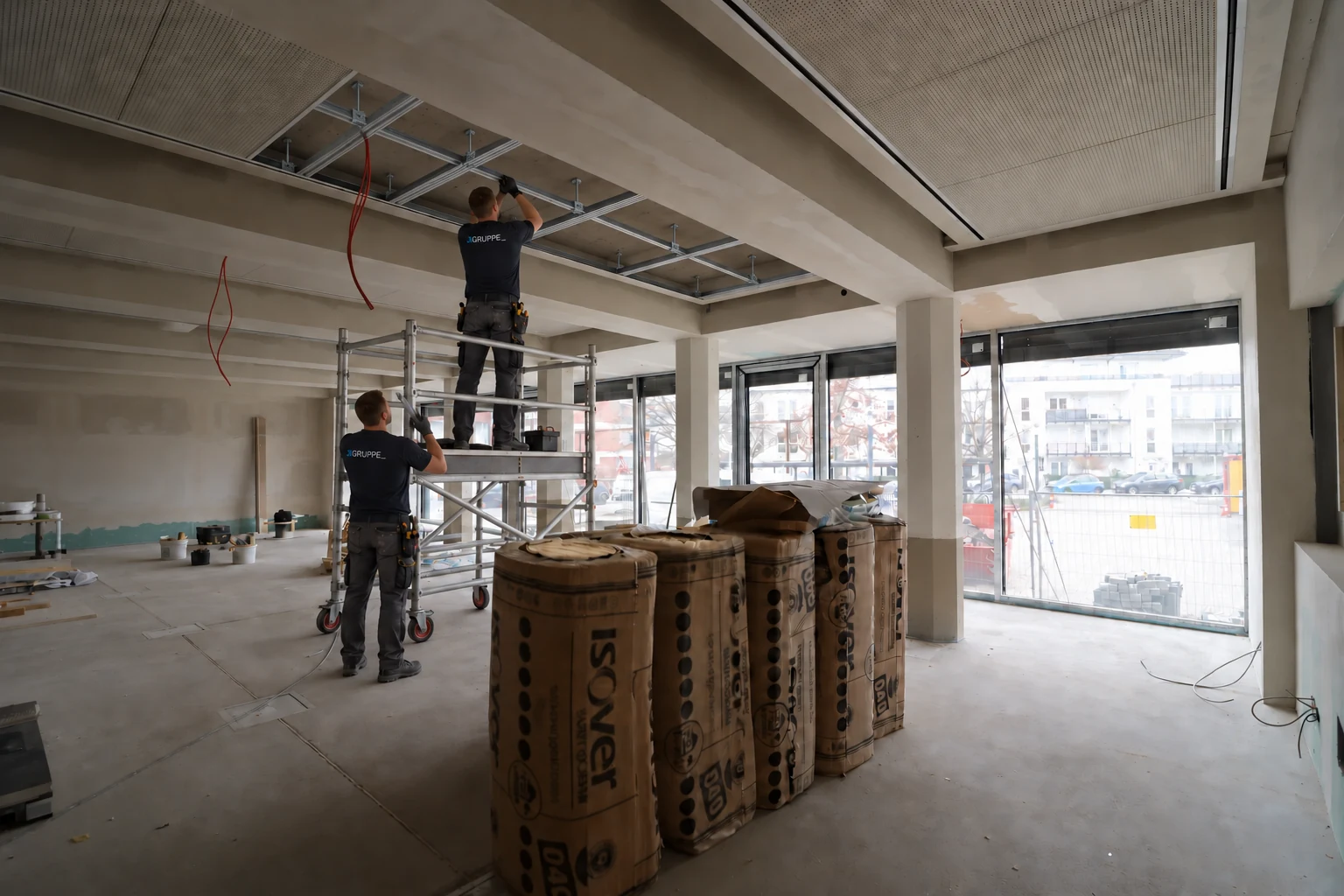 Bearbeitete Baustellenansicht im Zahnärztehaus der KZV mit geöffnetem Deckenfeld, Rollgerüst und zwei Handwerkern in J.R.-Arbeitskleidung.