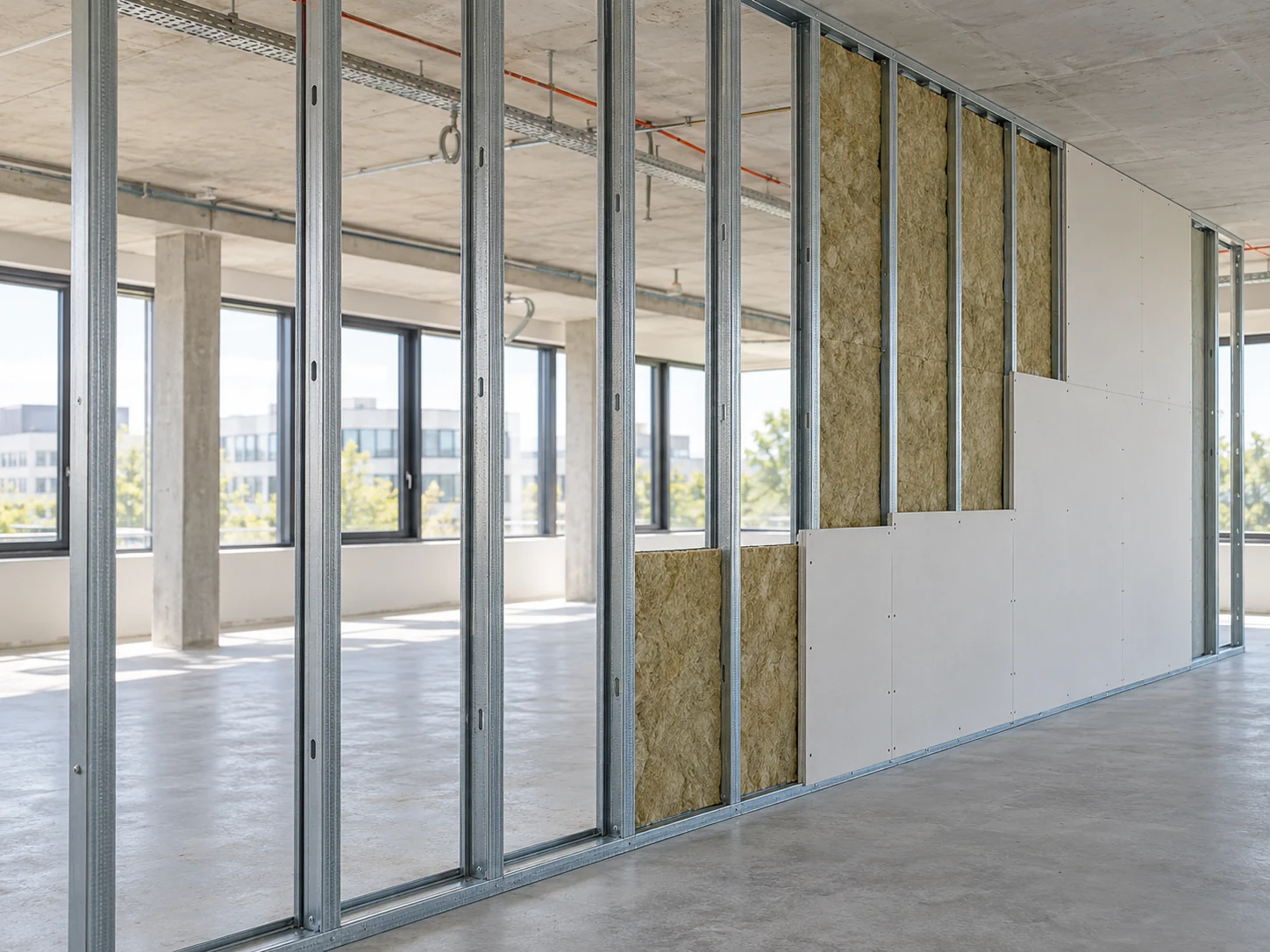 Wandaufbau mit Metallprofilen, Dämmung und teilweise montierten Gipsplatten.