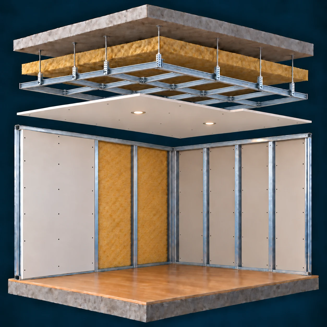 Schematisch getrennter Wand- und Deckenaufbau mit offenen CD-Deckenprofilen, Dämmung, Deckenplatten und regelmäßigem Ständerwerk hinter den Wandplatten.